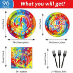 96 PCS 60’s Party Hippie Tableware Set Groovy Plates Napkins 60s Hippie Themed - Image 2