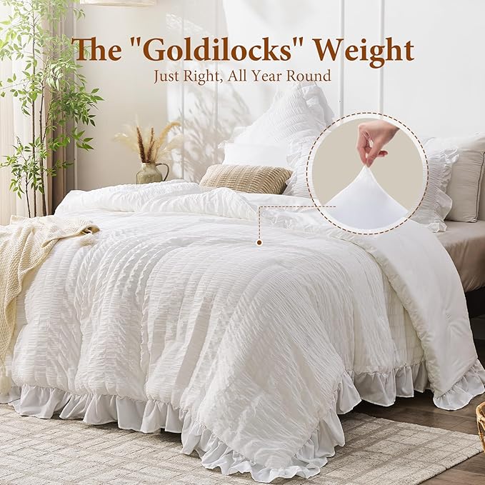 JOLLYVOGUE White Comforters Queen Size, 3 Pieces Ruffle Seersucker Queen - Image 3