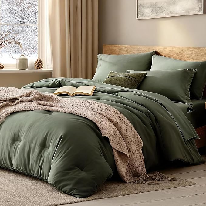 WRENSONGE Super King Comforter Set- 7 Pieces Soft Olive Green Bed in a Bag by WRENSONGE