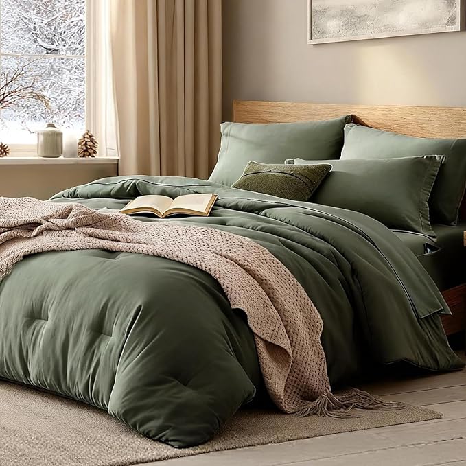 WRENSONGE Oversize King Size Comforter Sets, 7 Pieces Olive Green Bed in a Bag by WRENSONGE