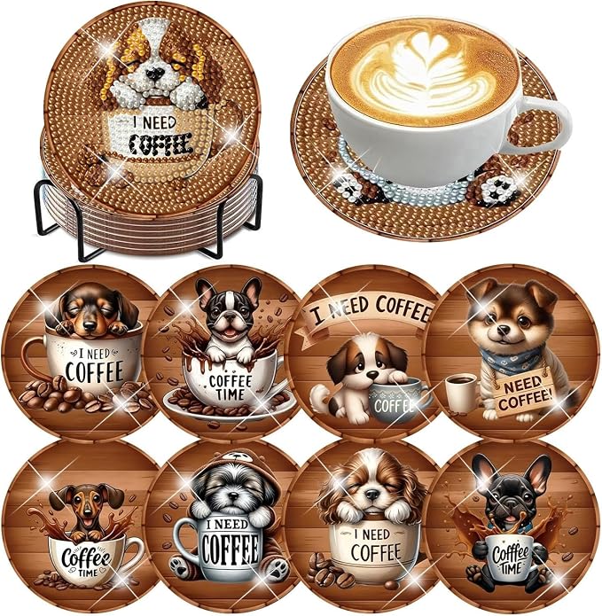 8 Pack Diamond Art Coasters, Coffee Dog Diamond Painting Coasters Kits | Dog by Zythron