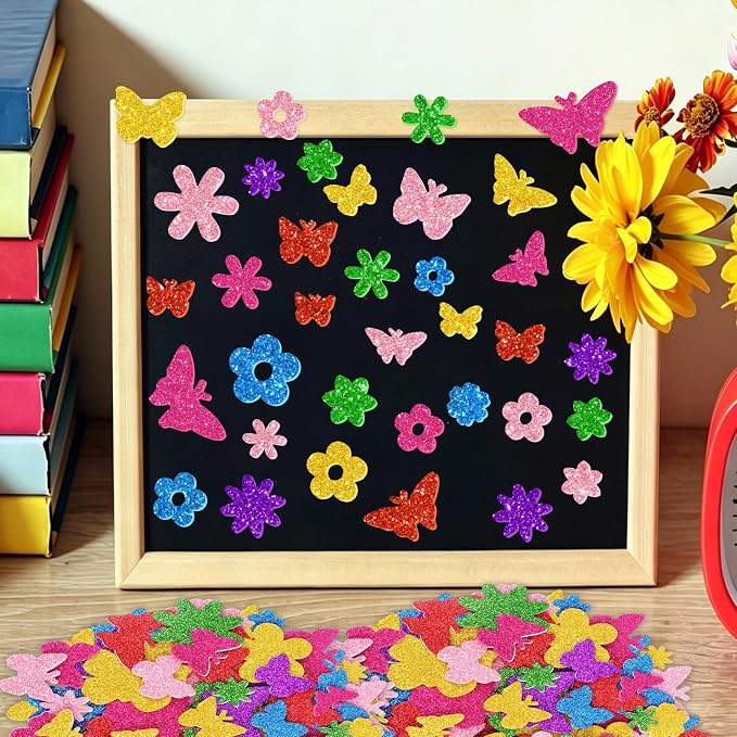 448 Pcs Glitter Foam Stickers, Butterfly & Flower Shapes Stickers, 7 Sheets - Image 7