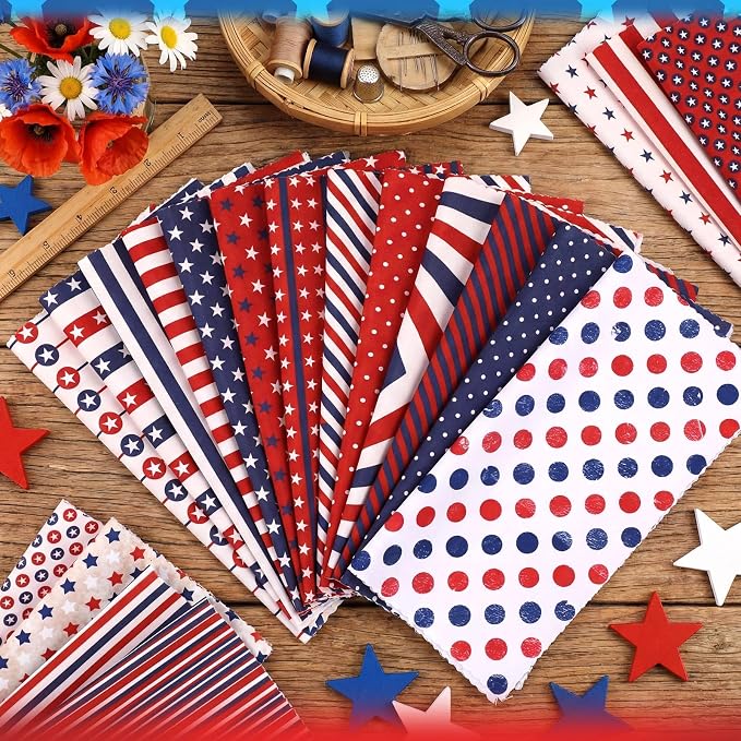 HunnmingRe 20 Pcs 10x10'' Patriotic Quilting Fabric Square Red White Blue - Image 4