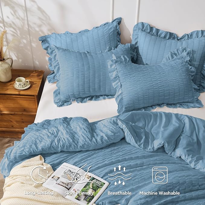 JOLLYVOGUE Twin Size Comforter Set, 2 Pieces Sea Blue Seersucker Lightweight - Image 2