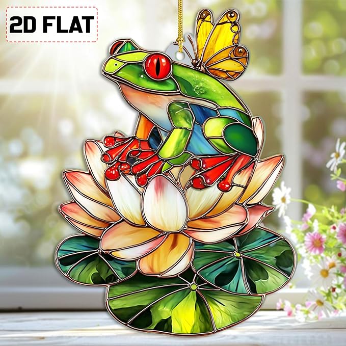 2D Flat Faux Stained Glass Frog Christmas Acrylic Ornament, Frog Ornaments - Image 2