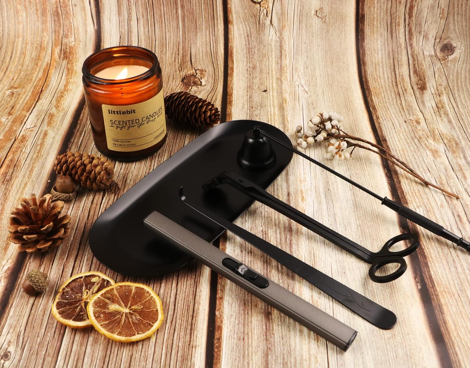 5IN1 Candle Accessory Set, Candle Wick Trimmer Cutter, Candle Snuffer & Candle Wick Dipper,Electric Lighter,Storage Tray Plat & Bag for Aromatherapy Candle Lover (Black)