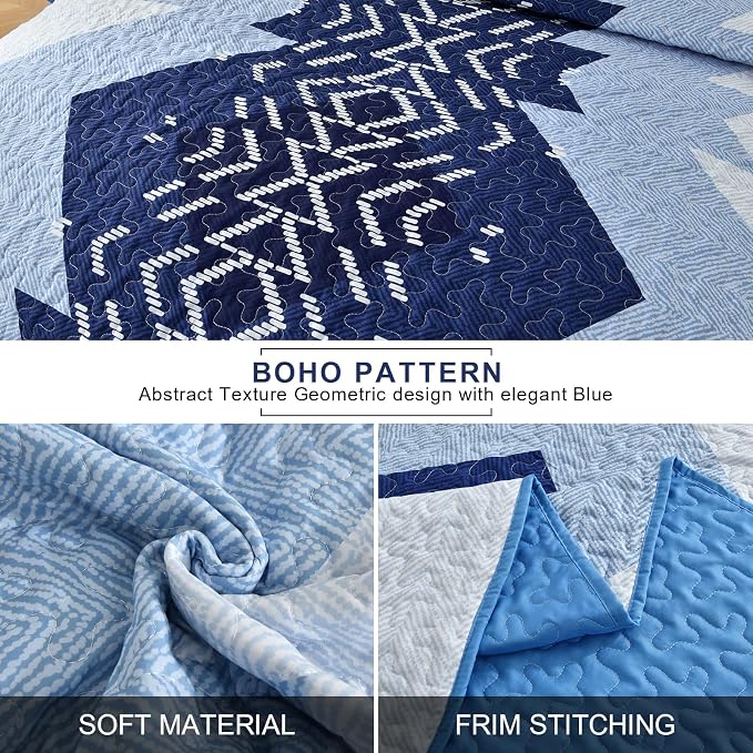 Dintszyayue Blue Quilt Set Queen Size, 3 Pieces Aztec Texture Bedding Coverlet - Image 4