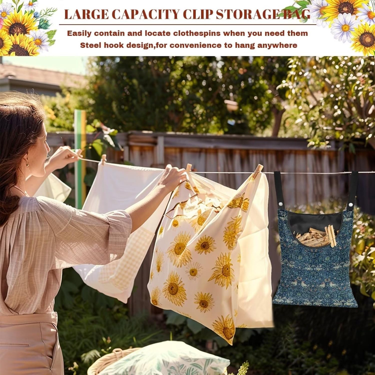 William Morris Bird Print Ultimate Clothespin Storage System 14.5"x12" - Features Oversized Opening & Extended 5.5" Hanging Strap - Polyester Construction for Outdoor Use Decor