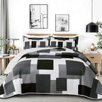 Tyrot 3 Piece Black Grey Quilt Set Full/Queen Size Black White Geometric by TyrotHomeDecor