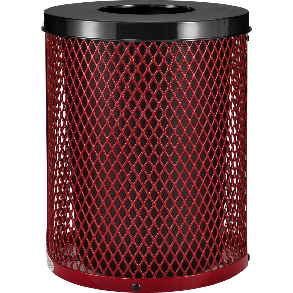 Global Industrial Outdoor Diamond Steel Trash Can with Flat Lid and Plastic Liner, 36 Gallon Capacity, Red, Thermoplastic Coating, 23-1/2" Diameter, 30" H