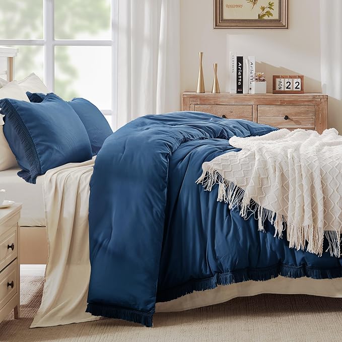 Andency Navy Blue Comforter King Size, 3 Pieces Boho Tassel Lightweight Bedding - Image 2