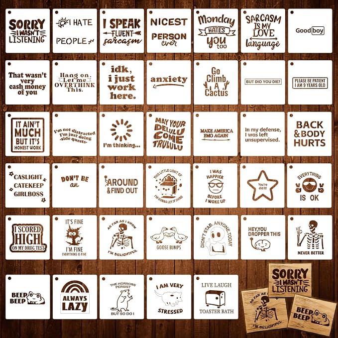 40pcs Stencils for Crafts Reusable, Funny Sarcastic Wood Burning Stencils | 3.5 by Bafeil