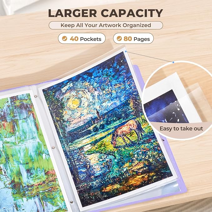 JoyCat 11 x 17 Art Portfolio Binder, 40 Acid-Free Clear Pockets Art Folder - Image 3