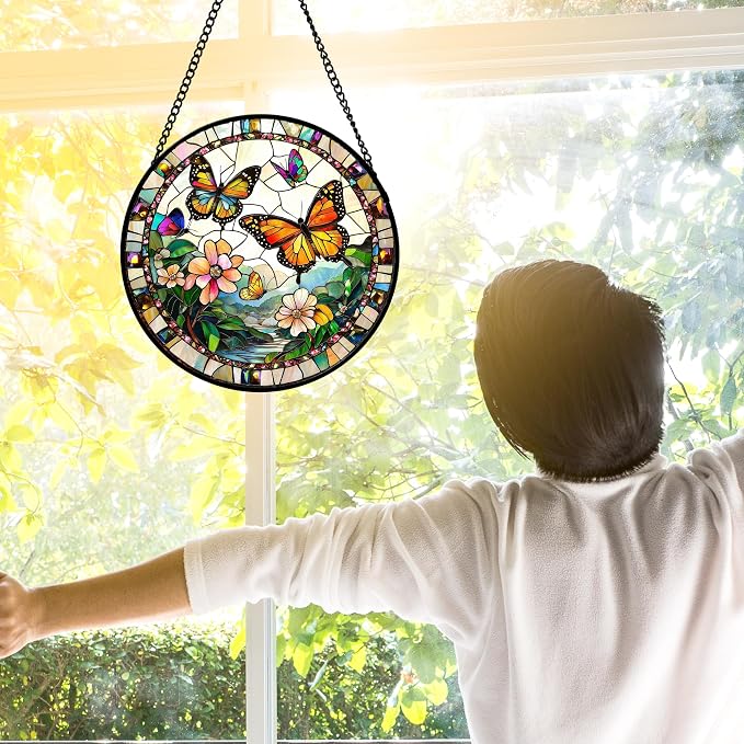 DASTOLL Stained Glass Window Hanging, Butterflies Flying in the Sky Suncatcher - Image 4