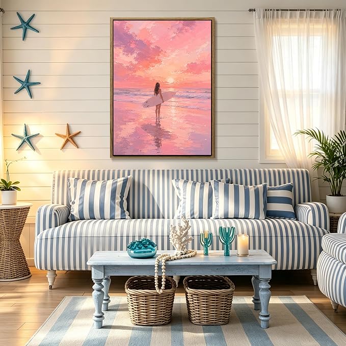 Framed Pink Sunset Surfer Girl Canvas Wall Art Soft Pastel Beach Seascape - Image 5