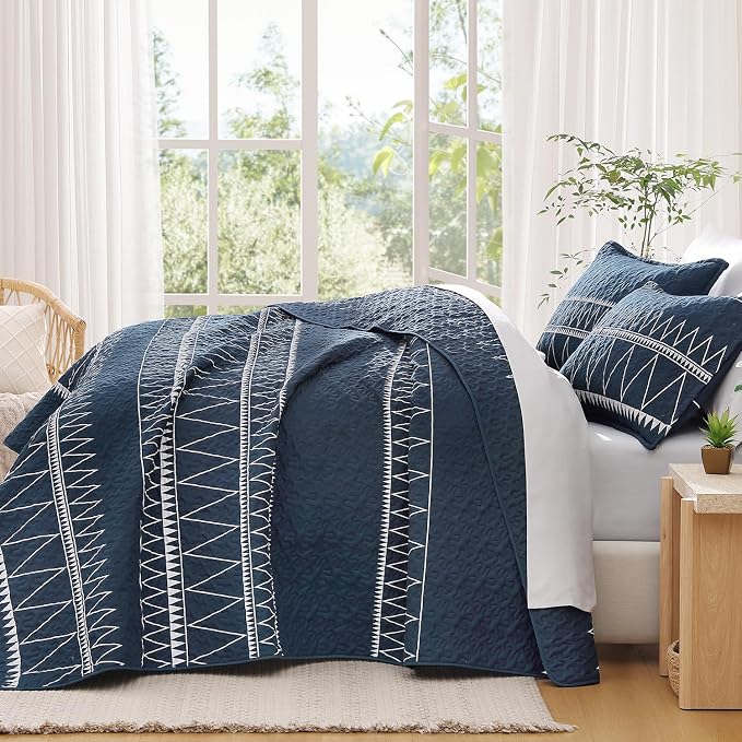 Andency Navy King Size Quilt Set, 3 Pieces Boho Lightweight Soft Striped - Image 7