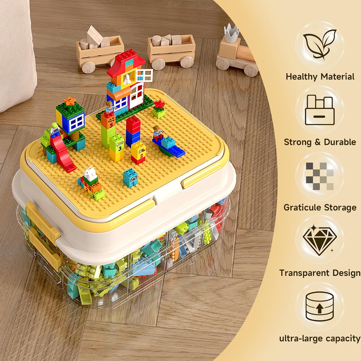 Toy Storage Organizer Box with Handle, Stackable Building Block Toy Box with Building Plate Lid & Removable Sorting Trays, Cubby Bins and Containers 2 Layer (Lemon)