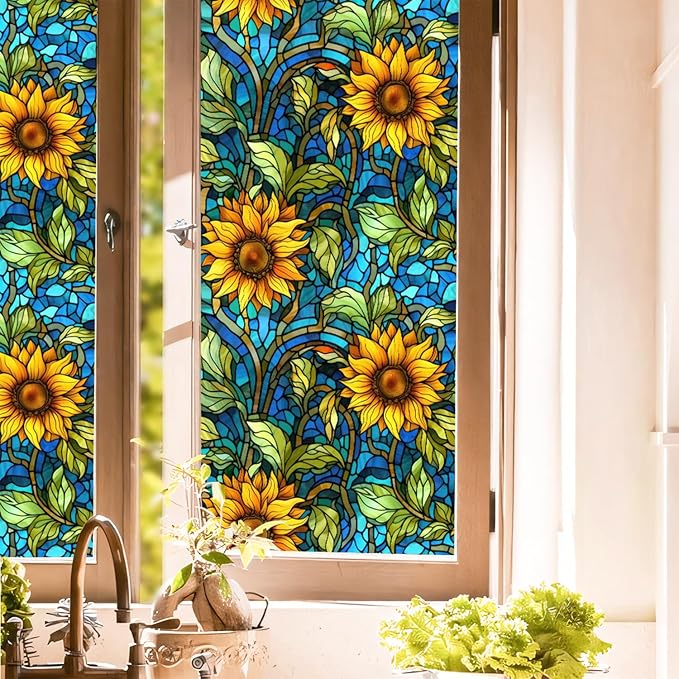 Sunflower Stained Glass Window Film, Non Adhesive Privacy Film, Stained Glass - Image 3