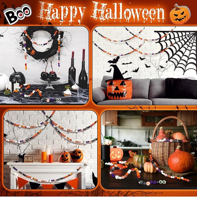Tradder 200 Pieces Halloween Wood Beads Purple Orange Pumpkin Spider Black Cat - Image 7