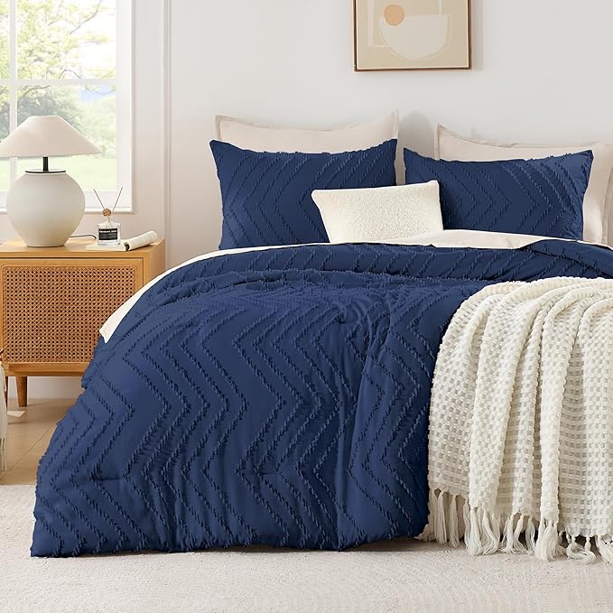 Andency Navy Blue Comforter Set King Size, Boho Soft Warm Tufted Bedding by Andency