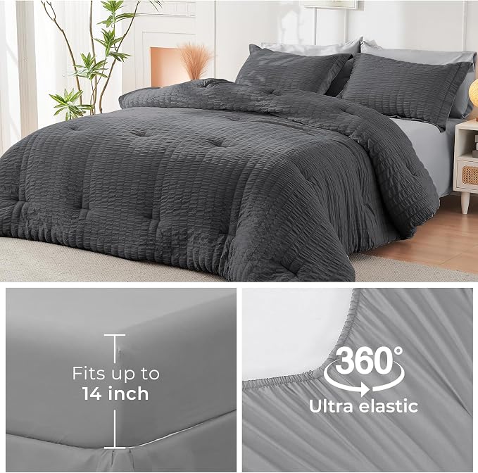 HYMOKEGE Dark Grey/Light Grey Twin Comforter Set Seersucker 5 Pieces, All - Image 6