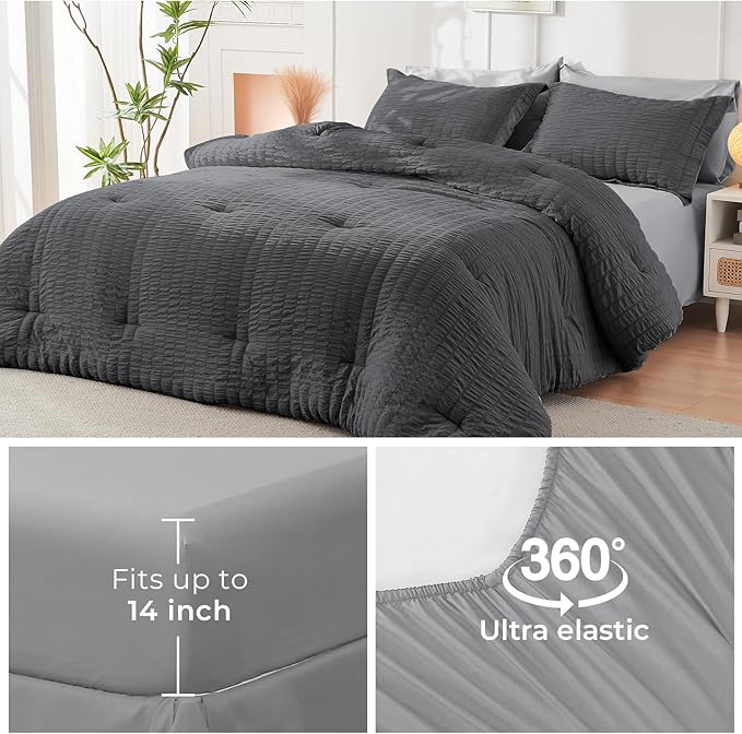 HYMOKEGE Dark Grey/Light Grey Twin XL Comforter Set Seersucker 5 Pieces - Image 6