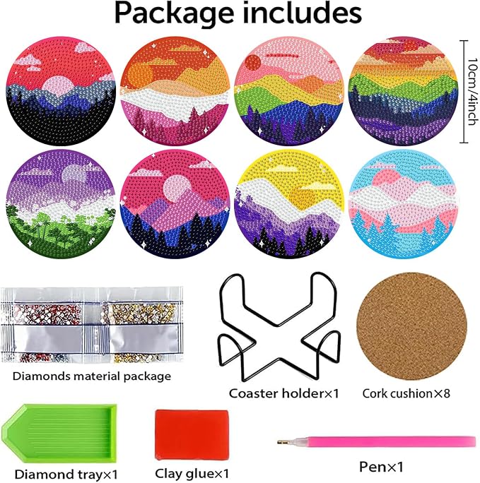 8 PCS Diamond Art Coasters Kits Moutain Sunset Diamond Painting Coaster | - Image 2