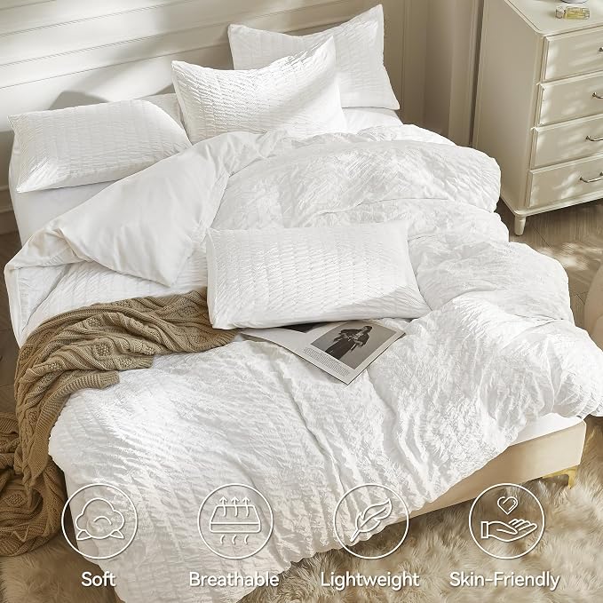JELLYMONI Bright White Duvet Cover King Size, Soft Breathable Seersucker Duvet - Image 2