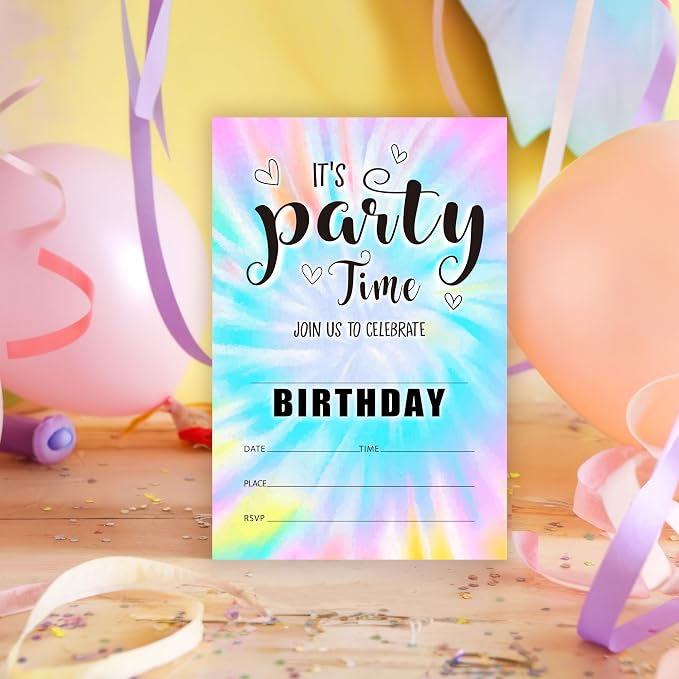 Tie Dye Theme Birthday Invitations, 25 Double-Sided It's Party Time Invitation - Image 6
