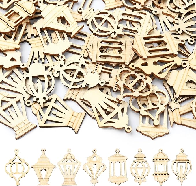 200 pcs Mixed Styles Hollow Lantern Theme Undyed Wood Cutout Charms Pyrography by Gythara