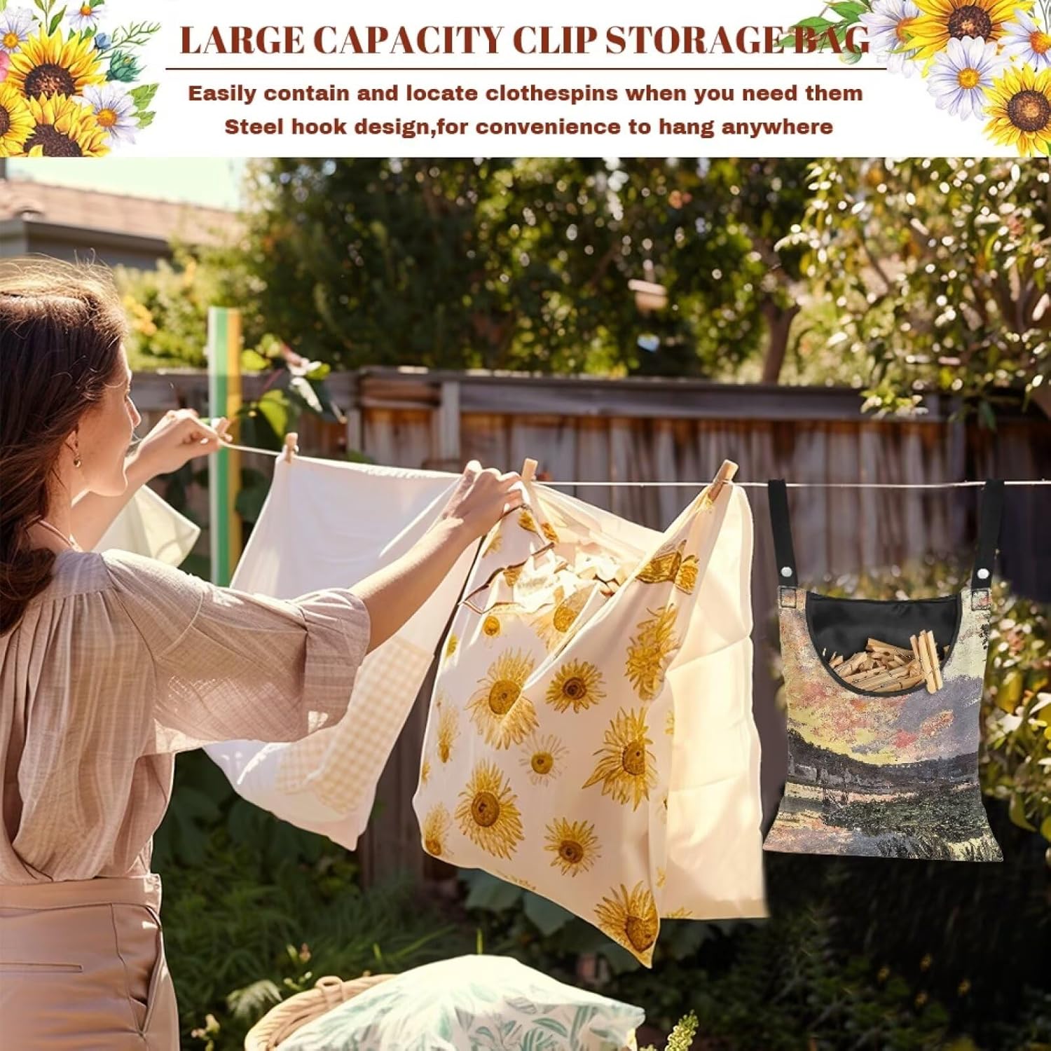 All-Weather Clothespin Holder Bag - Bennecourt, Soleil Couchant Durable Outdoor Storage Solution for Clothes Pins - Features Windproof Design & Secure Snap Closure - 14.5"x12" Size