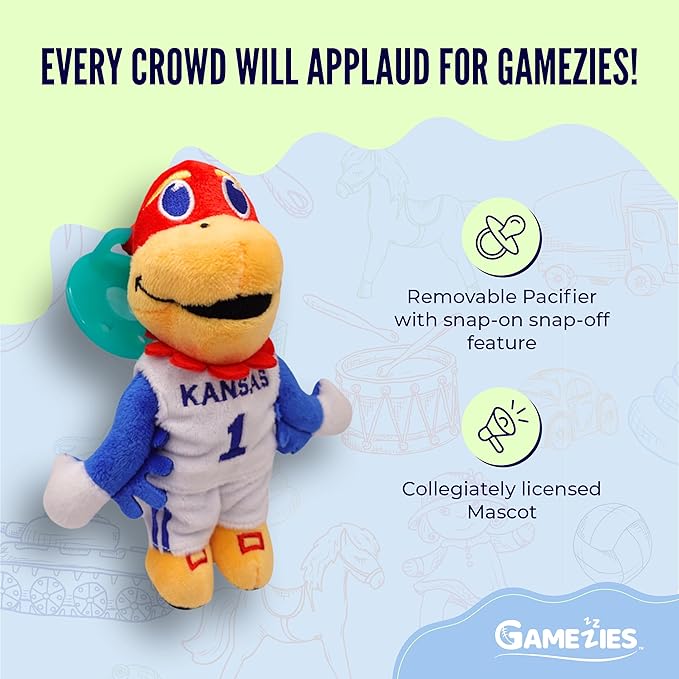 Gamezies Baby Boy and Girl College Mascot Stuffed Toy Plush Silicone Pacifier, Collegiately Licensed, BigJay, University of Kansas CPSIA Tested, BPA-Free 0-6 Months