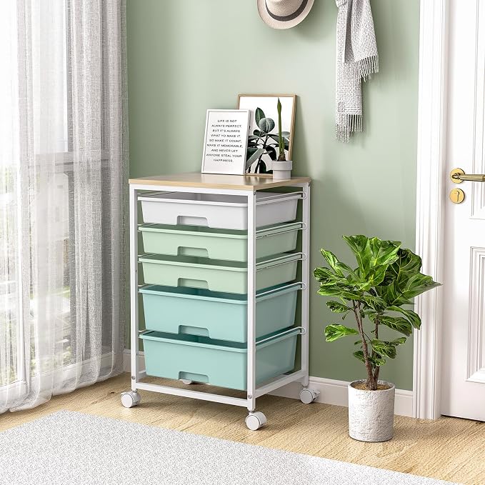 SYKIARIOL Utility Cart with 5 Drawers, Storage Cart with Wooden Tabletop and - Image 8