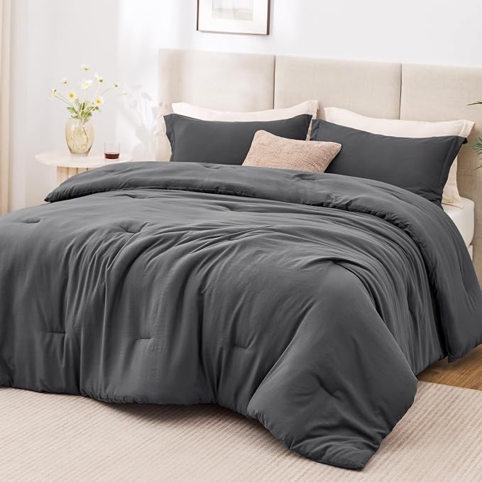 Love's cabin Dark Grey Queen Comforter Set, 3-Piece Prewashed Bed Set by Lovescabin