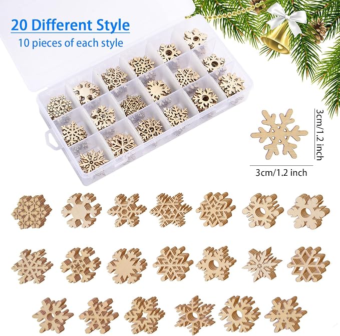 200 Pcs Unfinished Wooden Snowflake Ornament DIY Wood Snowflakes Cutouts Blank - Image 2