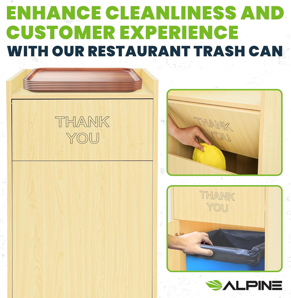 Alpine Restaurant Trash Can Cabinet with Tray Holder - Thank You Trash Can, Commercial 40 Gallon Garbage Can Cabinet for Restaurants, Cafeterias (Oak)