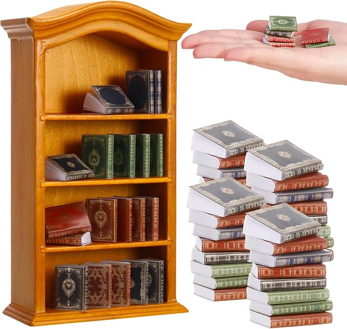 36 Pcs 1:12 Scale Miniatures Dollhouse Book and 1 Wooden Bookcase | 4 Floors by Guiqulai