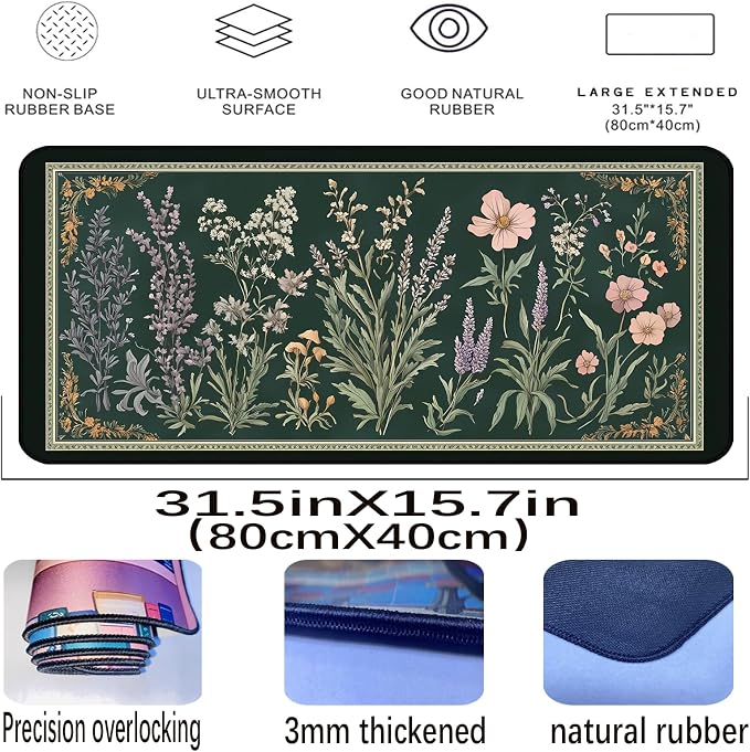 Deep Green Retro Desk Pad, Plant Flower Mouse Pad XXL, Large Gaming Mouse Mat - Image 2
