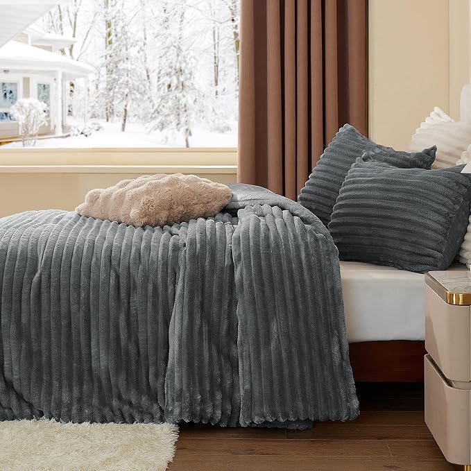 BEDELITE Fleece Twin Comforter Set -Super Soft & Warm Fluffy Grey Bedding - Image 4