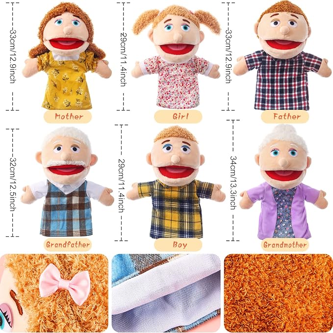 6 Pcs Family Hand Puppets 12 Inch Grandparents, Mom & Dad, Brother & Sister - Image 3