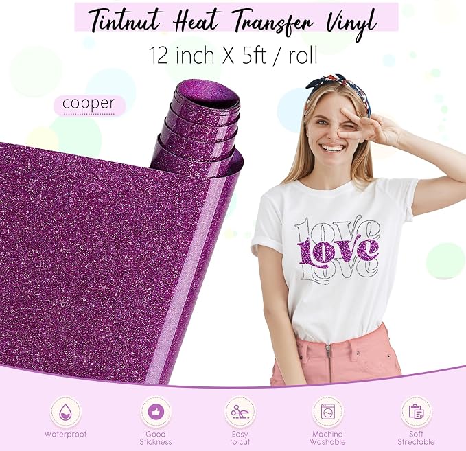 Tintnut Purple Glitter Heat Transfer Vinyl Roll, easy cut & weed, stretch - Image 2