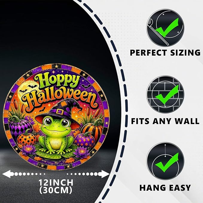 Cute Frog Witch Halloween Metal Tin Sign Round Wall Decor Pumpkin Lotus Moon - Image 2