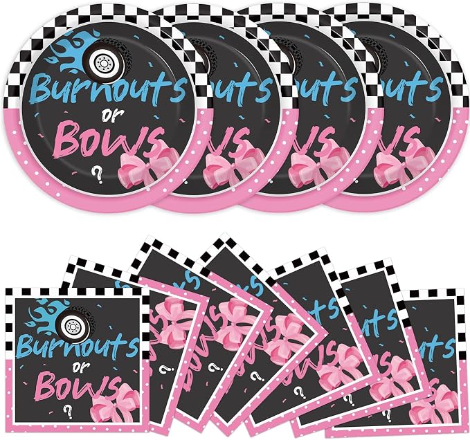 24 Guests Burnouts or Bows Gender Reveal Paper Plates Napkins Gender Reveal by Qyeahkj