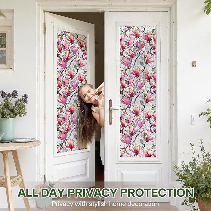 Stained Glass Window Film UV Resistant Window Privacy Film Pink Floral Privacy - Image 3