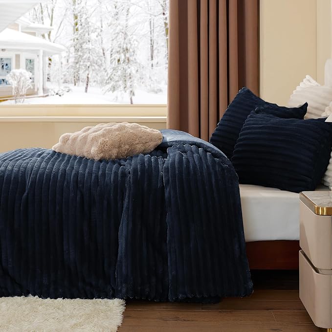 BEDELITE Fleece Queen Comforter Set -Super Soft & Warm Fluffy Navy Blue Bedding - Image 4