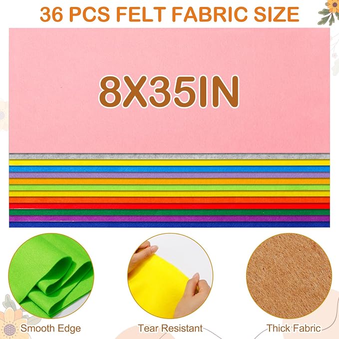 36 Rolls Felt Fabric Sheet Bulk 8"x35" 1.4mm Thick Soft Felt Sheet 36 Assorted - Image 2