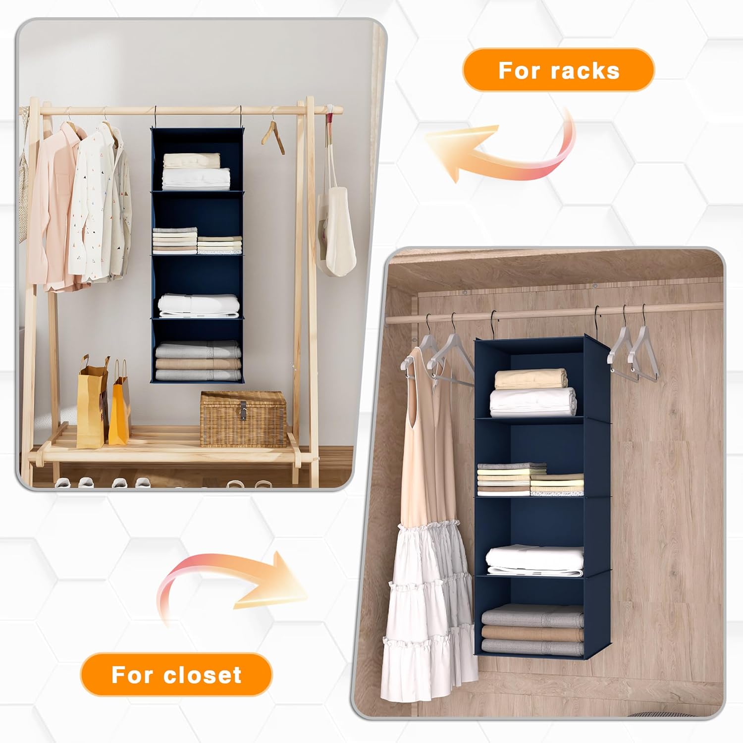 Hanging Closet Organizer - 4-Shelf, Easy Mount Foldable Wardrobe Storage Shelves for Clothes, Handbags, Shoes & Accessories - Washable Oxford Cloth Fabric, Navy Blue