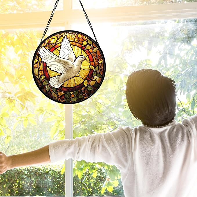 DASTOLL Stained Glass Window Hanging, Flying White Dove Sun Catchers Diamond - Image 4