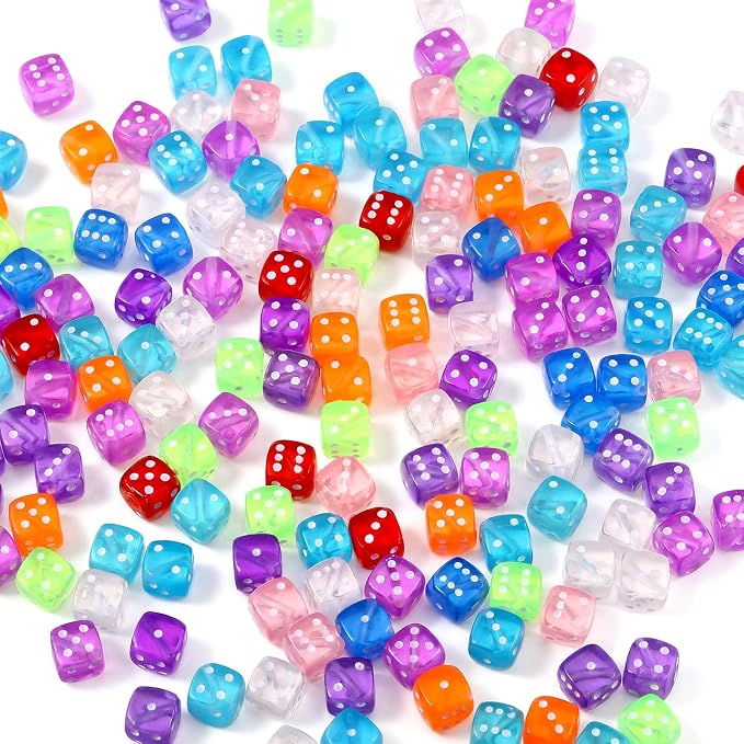 200Pcs Acrylic Dice Beads, 8mm/0.3in Colorful Clear Dice Beads by Unknown