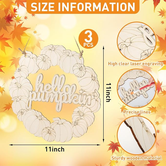 Unfinished Fall Wreaths Wood Crafts to Paint Set of 3, Unfinished Wood Cutouts - Image 3